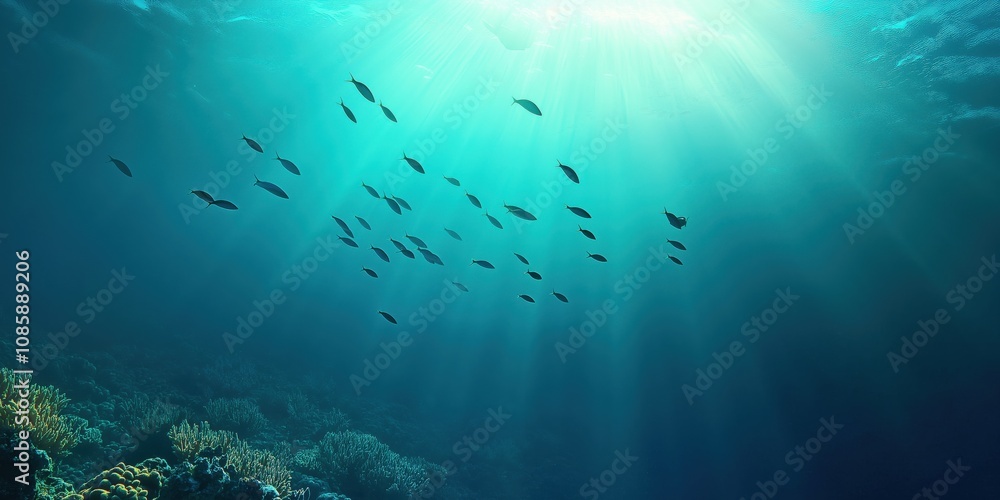 Fototapeta premium A dense shoal of fish swimming above a sprawling coral reef.
