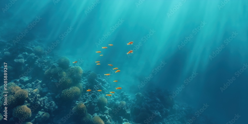 Fototapeta premium A dense shoal of fish swimming above a sprawling coral reef.
