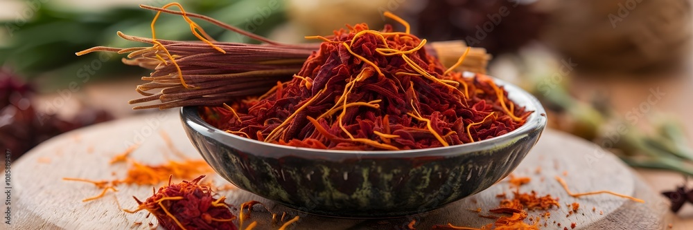 Bowl of saffron threads with herbs and spices in the background Bowl of saffron threads with herbs and spices in the background