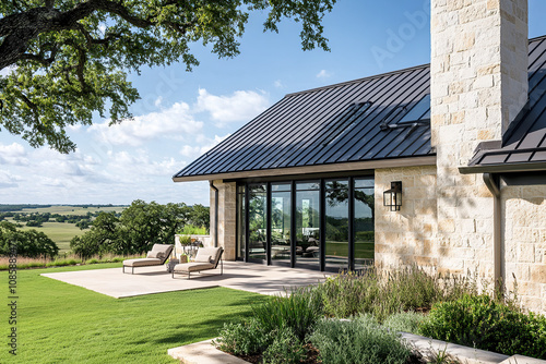 A modern farmhouse in the Texas countryside, with large windows overlooking rolling hills and a black metal roof on an exterior wall. The house is made of stone walls and beige-colored smooth stucco.