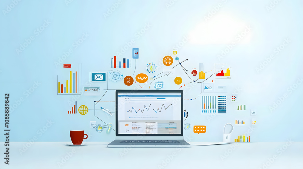 Digital workspace with laptop and data visualization graphics Digital workspace with laptop and data visualization graphics
