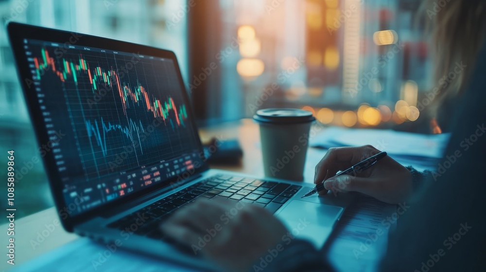 An investor working on a laptop with an interactive graph showing stock growth, surrounded by coffee and documents An investor working on a laptop with an interactive graph showing stock growth, surrounded by coffee and documents