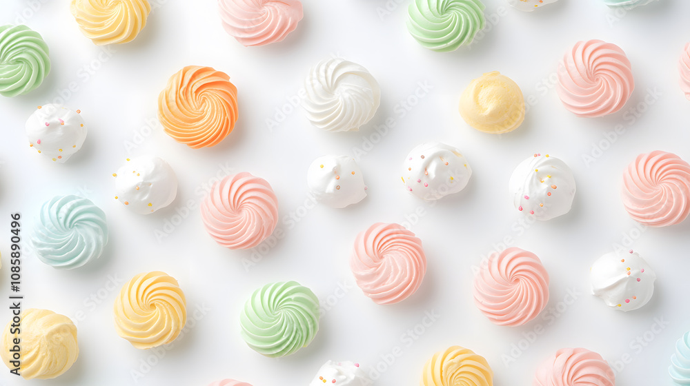 Colorful meringues arranged in playful pattern on white background
