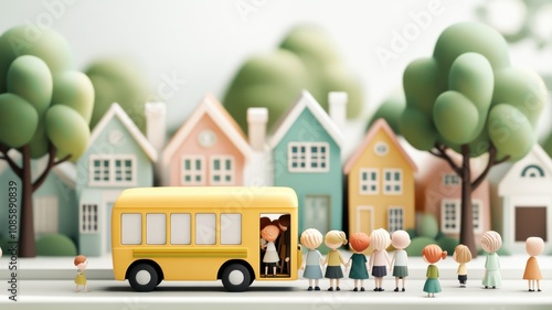 Playful school bus illustration with children.