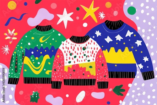 National Ugly Christmas Sweater Day modern flat illustration of Ugly Christmas Sweater vibrant colors, December 17 photo