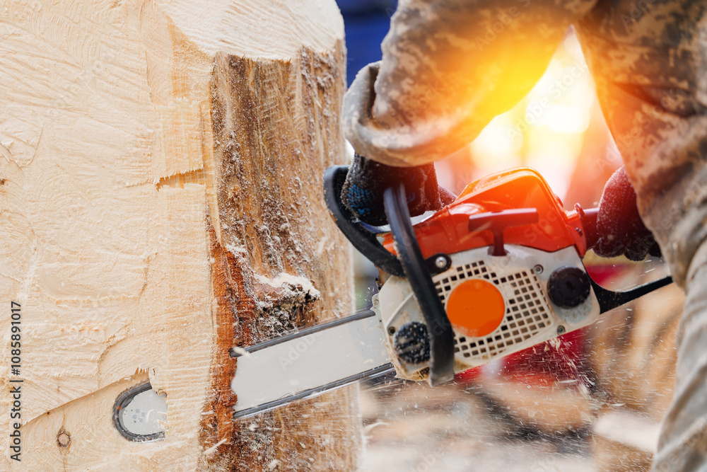 Εκτύπωση καμβά Close-up of woodcutter hand use chainsaw in motion, sawdust fly to sides