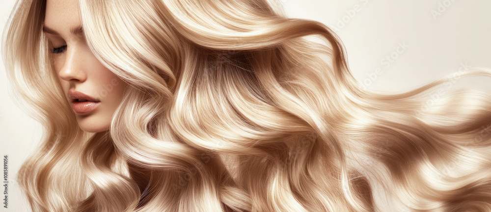 Close-up of a woman with flowing, silky blonde hair cascading in luxurious waves, showcasing shine, texture, and elegance. Ideal for beauty, haircare, and lifestyle concepts. Banner, copy space. Close-up of a woman with flowing, silky blonde hair cascading in luxurious waves, showcasing shine, texture, and elegance. Ideal for beauty, haircare, and lifestyle concepts. Banner, copy space.