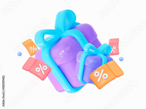 3D purple gift box with blue ribbons, flying coupons and percent signs. For holiday purchases promotions and discounts. Vector illustration.