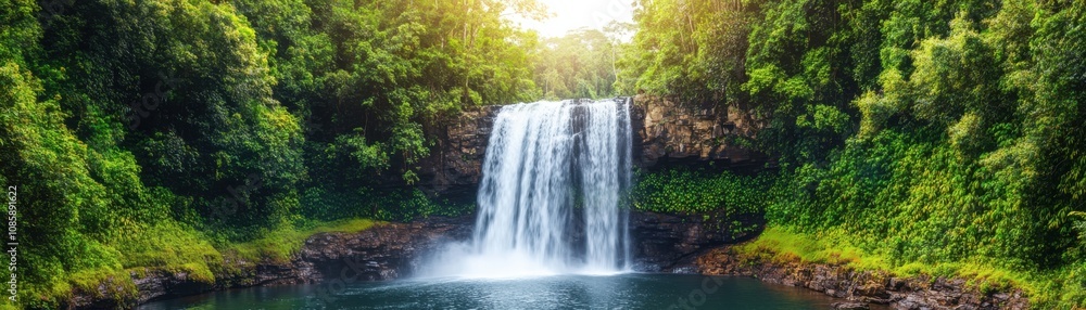 Serene waterfall surrounded by lush greenery. Serene waterfall surrounded by lush greenery.