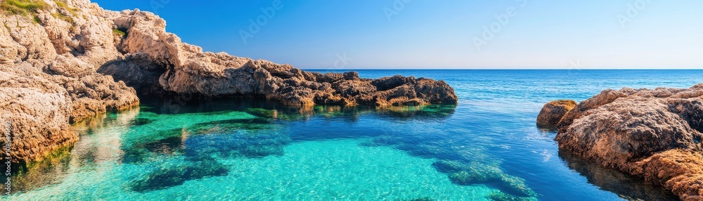 Fototapeta premium Serene coastal scene with clear blue water.
