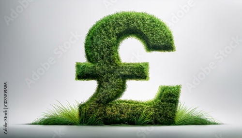 Green Pound symbol made entirely of green grass. Sustainability and eco-finance concept, green loan and green mortgage concept. photo