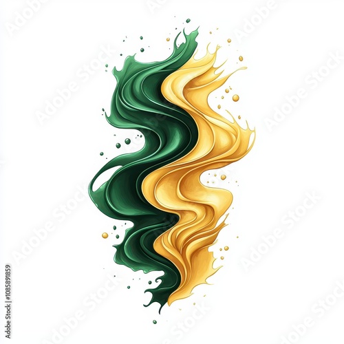 A vibrant abstract design featuring flowing green and gold waves, evoking a sense of movement and harmony.