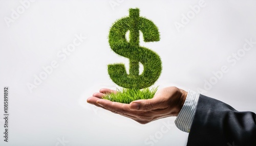 Hand holding a dollar symbol made entirely of green grass. Sustainability and eco-finance concept, green loan and green mortgage concept. photo