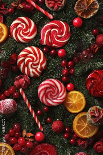 Festive Christmas background featuring colorful lollipops, pine twigs, and an array of sweets and jellies.