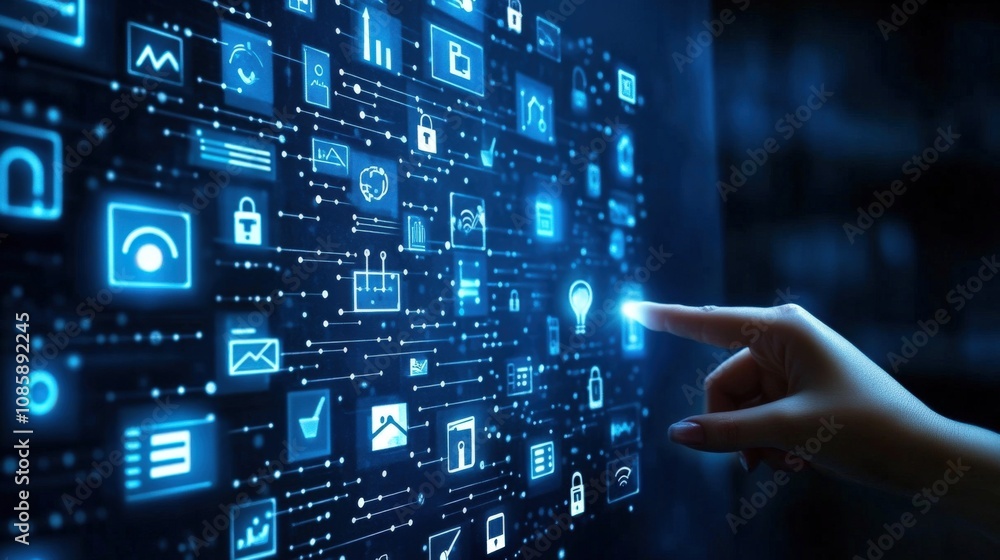 Hand Interacting with a Blue Digital Interface Filled with Icons Hand Interacting with a Blue Digital Interface Filled with Icons