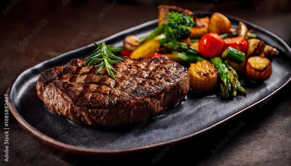 A perfectly cooked steak on a dark ceramic plate, served with roasted vegetables A perfectly cooked steak on a dark ceramic plate, served with roasted vegetables