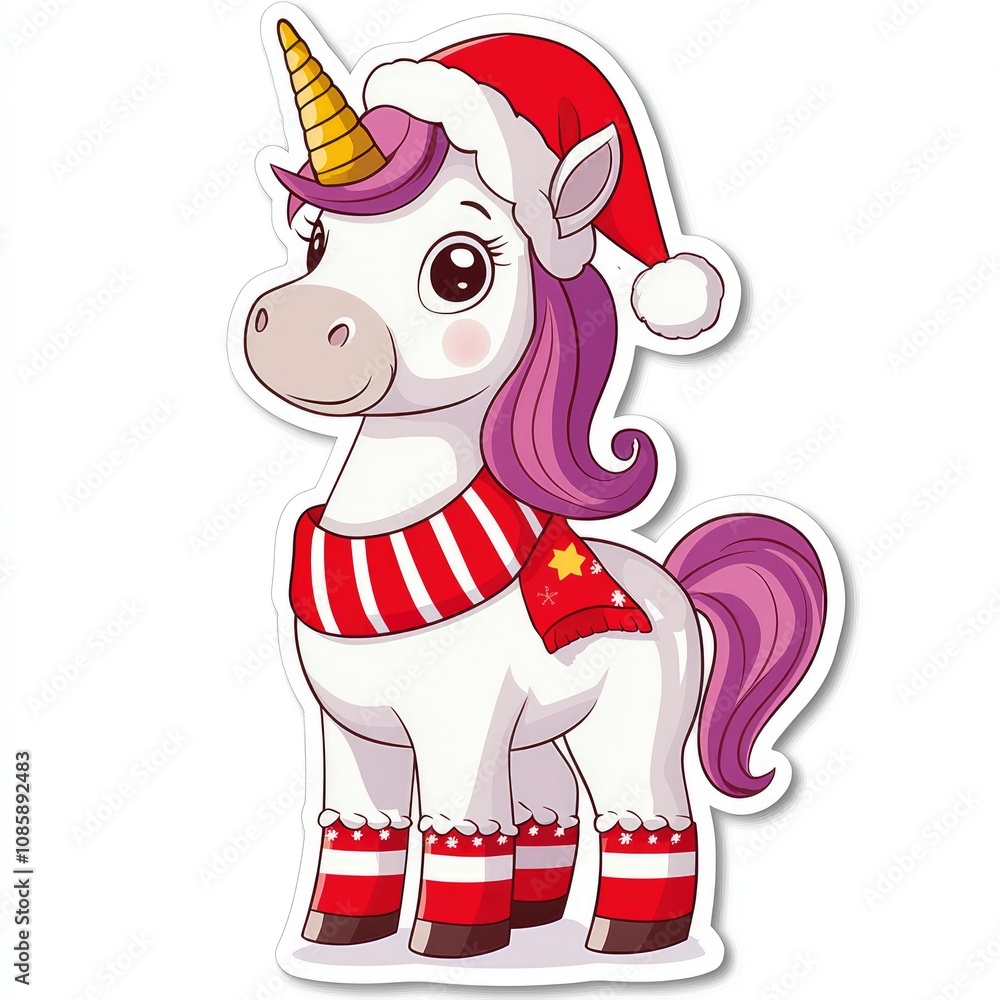 Naklejka premium Adorable Christmas Unicorn in Santa Hat and Scarf - Cartoon Illustration