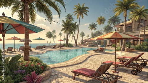 Outdoor tourism landscape. Luxurious beach resort with swimming pool and beach chairs or loungers umbrellas with palm trees and blue sky, photo