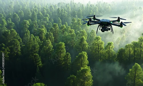 Drone Surveillance of a Misty Green Forest Canopy
