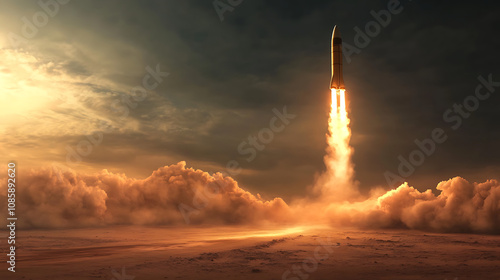  Rocket launching from a desert, leaving a trail of dust and fire (1)