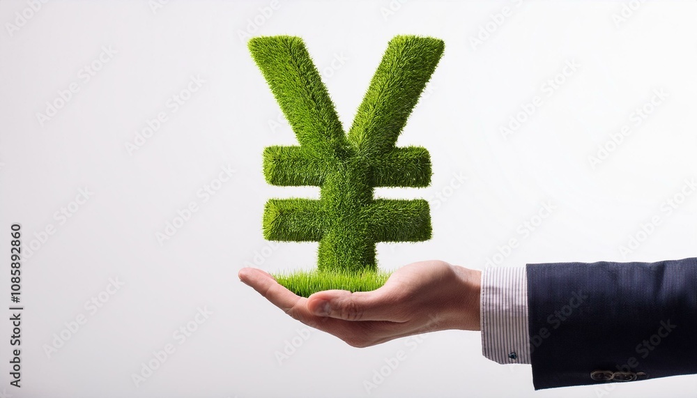 Obraz premium Hand holding a Yen symbol made entirely of green grass. Sustainability and eco-finance concept, green loan and green mortgage concept.