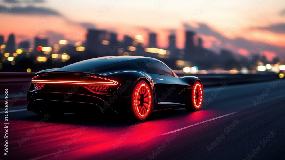 Naklejka premium Sleek car with neon lights on urban road.