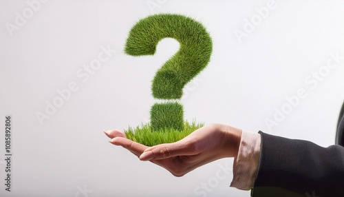 Hand holding a green grass question mark symbol, representing environmental questions, sustainability challenges, and eco-friendly solutions.