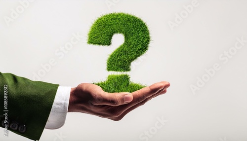 Hand holding a green grass question mark symbol, representing environmental questions, sustainability challenges, and eco-friendly solutions.