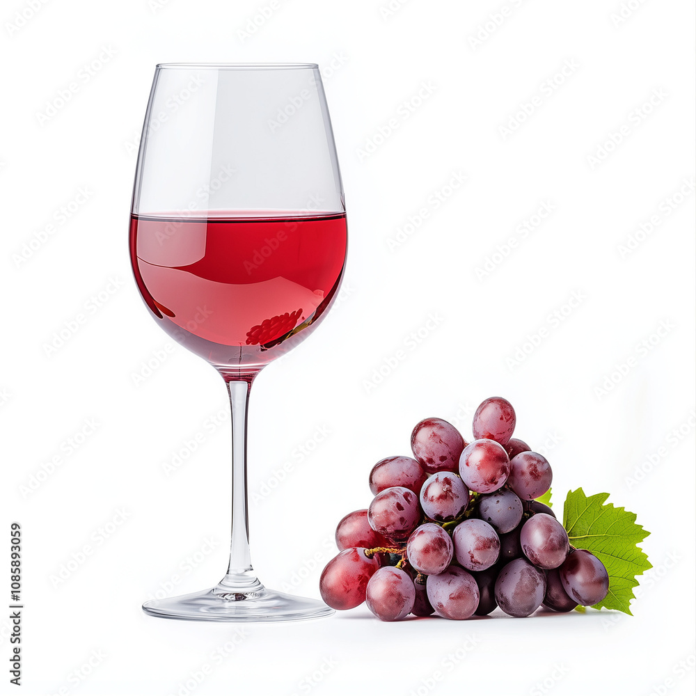 Glass of Red Wine with Grapes Isolated on White Background