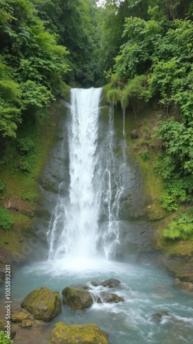 Majestic waterfall surrounded by vibrant green foliage and lush vegetation, fresh, nature