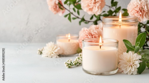 Candles in Glass Jars with Natural Scents Surrounded by Herbs and Flowers for Aromatherapy and Home Decor Generative AI