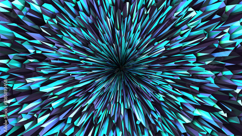 Abstract futuristic background with colored dynamic sharp triangles in blue teal purple tones. Concentric colorful crystals art. Broken geometric triangular shapes. Polygonal art. Vector illustration