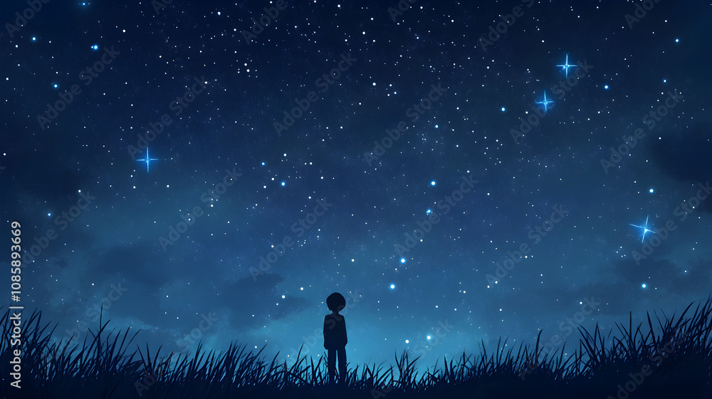 Fototapeta premium Expansive starry sky over a quiet field, with subtle silhouettes blending into the tranquil night landscape. 