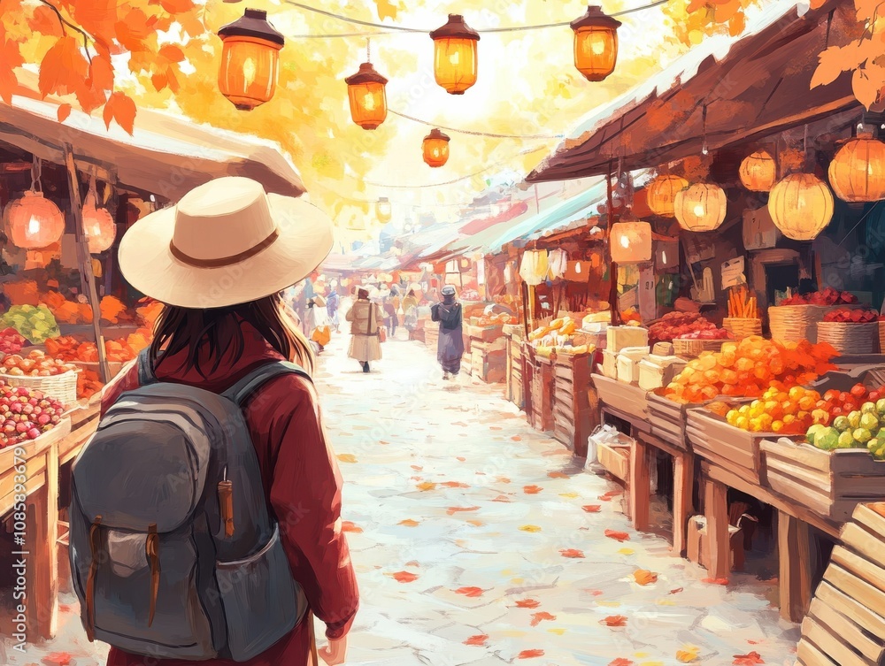 Obraz premium Woman exploring vibrant outdoor market.