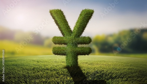 Green Yen symbol made entirely of green grass. Sustainability and eco-finance concept, green loan and green mortgage concept. photo