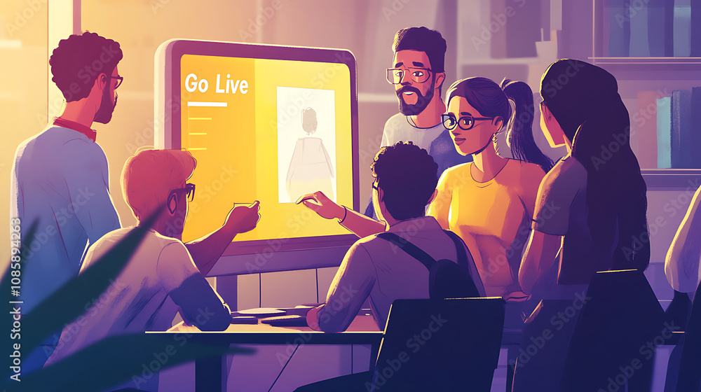 Startup team gathered around a monitor, hitting the Go Live button (2) Startup team gathered around a monitor, hitting the Go Live button (2)