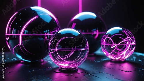 Futuristik abstract glass spheres with neon lights  photo