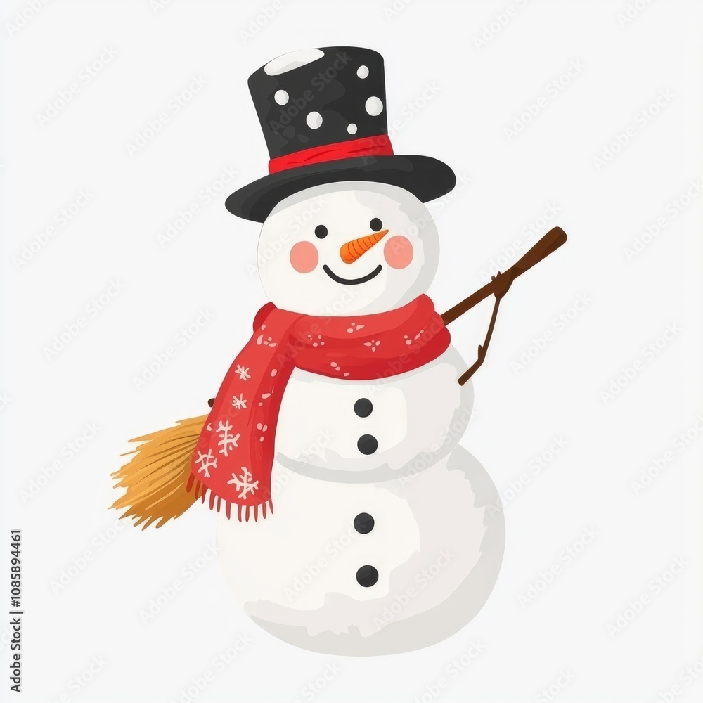 Festive Snowman with Top Hat and Red Scarf Holding a Broom Festive Snowman with Top Hat and Red Scarf Holding a Broom