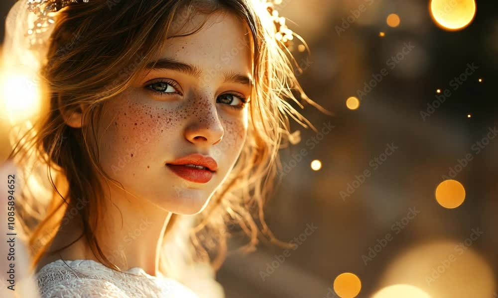 Golden-Hour Portrait of a Freckled Girl with a Flower Crown and Angelic Wing Golden-Hour Portrait of a Freckled Girl with a Flower Crown and Angelic Wing
