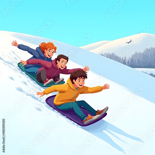 Three happy children sledding down a snowy hill on a sunny winter day. (3)