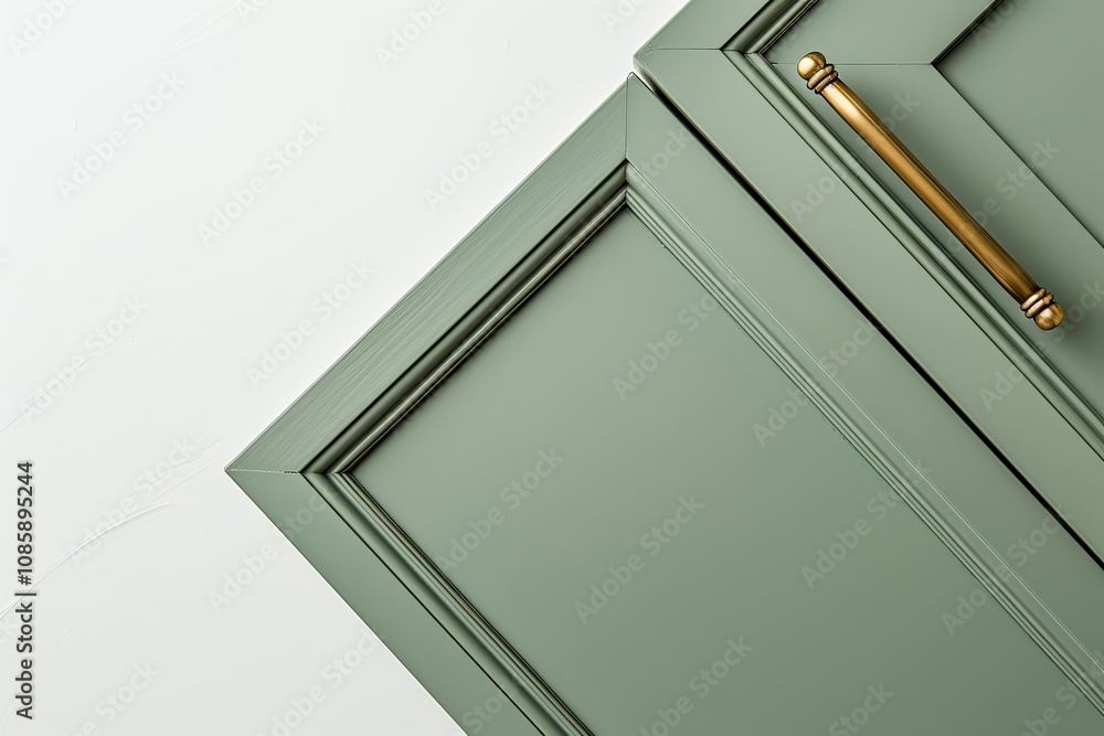Obraz premium Cabinet door samples in market in a row. Green Kitchen wooden cabinet door, brass door handles, furniture isolated on white. Chic look in the room. Trendy interior units. Home improvement concept.