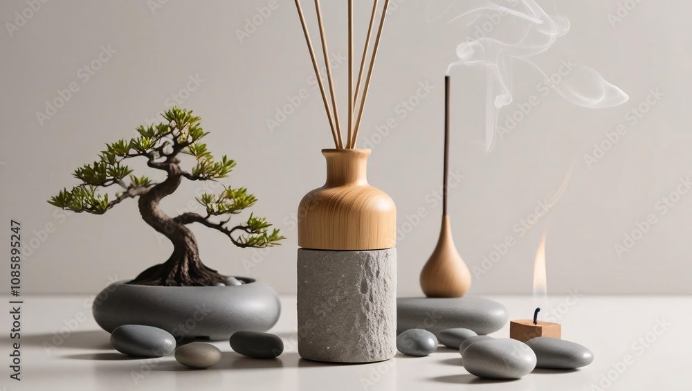 A serene scene featuring a bonsai tree, aromatic elements, and smooth stones. Perfect for promoting relaxation, wellness, and minimalist home décor. A serene scene featuring a bonsai tree, aromatic elements, and smooth stones. Perfect for promoting relaxation, wellness, and minimalist home décor.