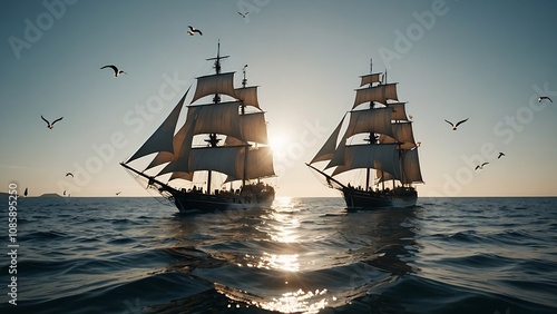 A majestik wooden sailing ship glidin on calm waters  photo