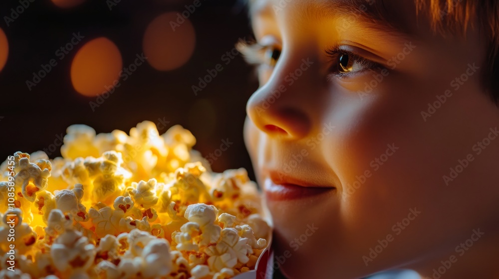 Joyful child enjoying popcorn at home movie night cozy indoor setting captivating portrait family bonding concept Joyful child enjoying popcorn at home movie night cozy indoor setting captivating portrait family bonding concept