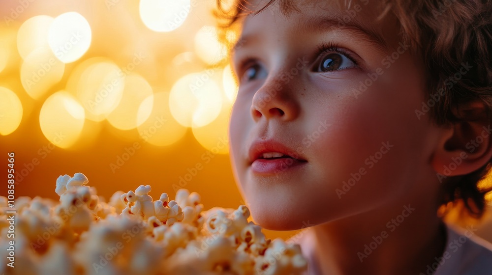 Fototapeta premium Child enjoying popcorn at a movie night home living room family activity cozy atmosphere close-up perspective joyful experience