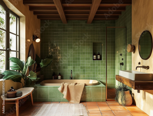 Modern green bathroom with bathtub