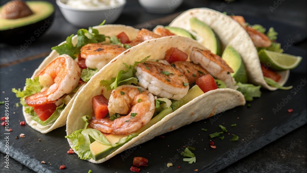 Three of shrimp tacos with fresh ingredients on dark surface. Mexican cuisine, vibrant colors Three of shrimp tacos with fresh ingredients on dark surface. Mexican cuisine, vibrant colors