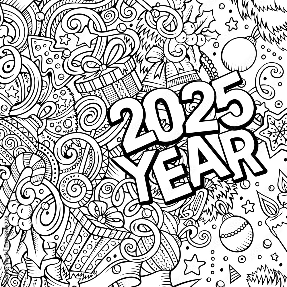 2025 doodles illustration. New Year objects and elements design. Line art cartoon holidays funny background 2025 doodles illustration. New Year objects and elements design. Line art cartoon holidays funny background