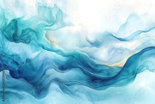 Abstract blue ocean waves in watercolor style.