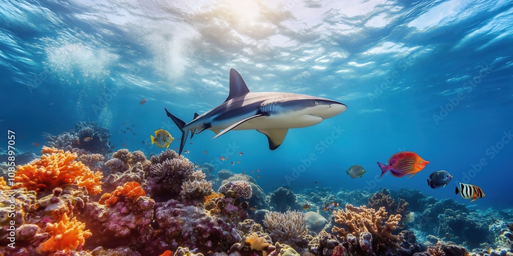 Fototapeta premium A great reef shark gliding effortlessly through the water, with a small group of Moorish idol fish swimming nearby